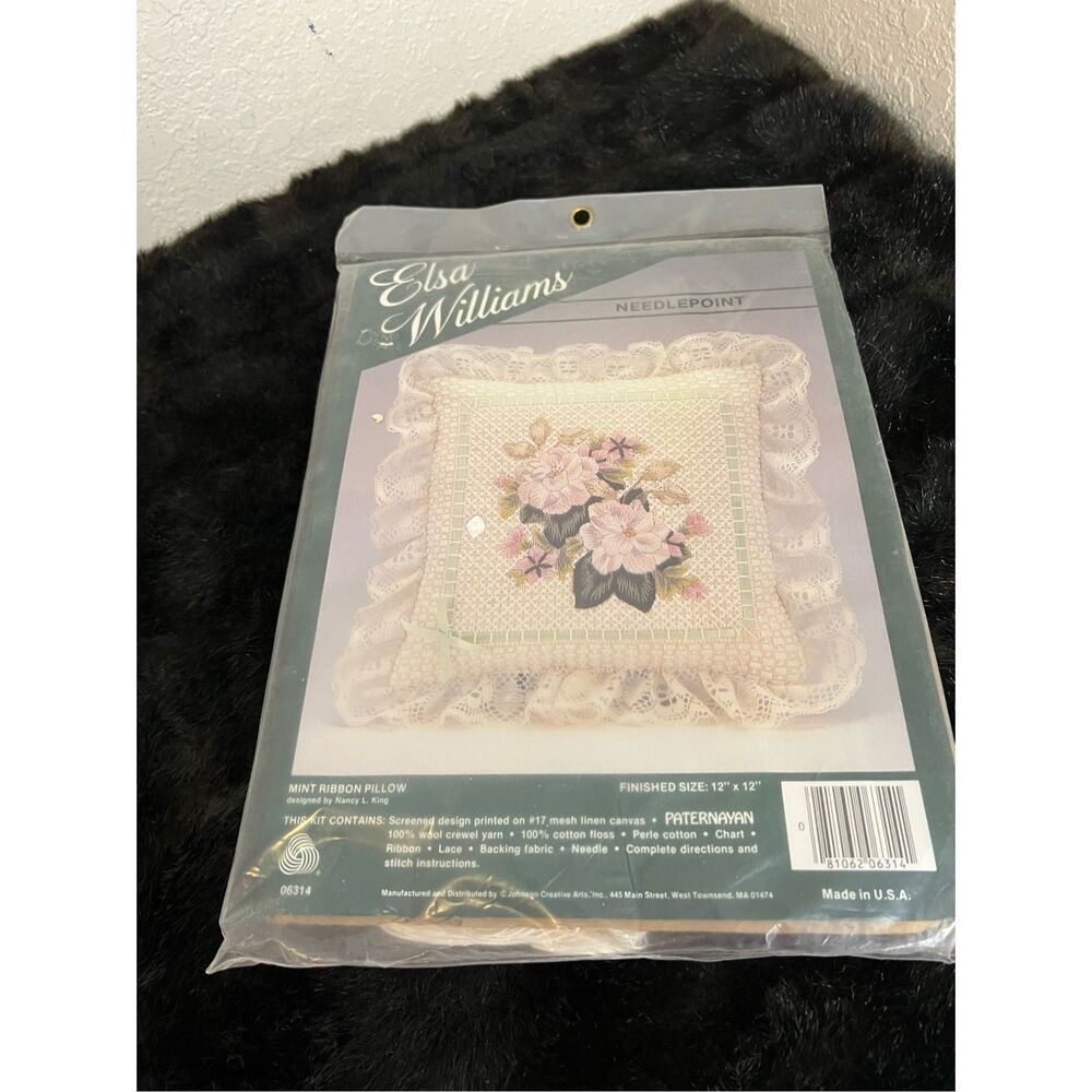 Elsa Williams Needlepoint Kit 12x12 Mint Ribbon Pillow Floral Flower
